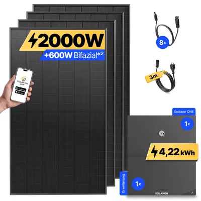 Produktbild von 2000W Balkonkraftwerk mit Speicher + Erweiterung Solakon ONE (4,22 kWh) Solaranlage Steckerfertig WIFI Komplettset Photovoltaik Anlage, Kabellänge: 3m
