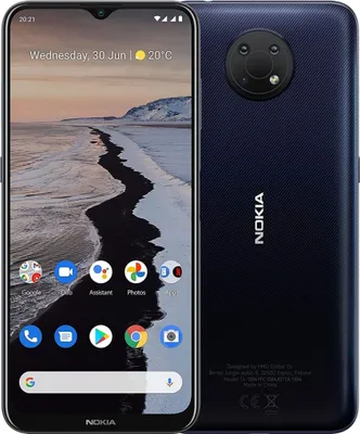 A dark blue Nokia G10 smartphone is shown from the front and back, displaying its screen and camera module.