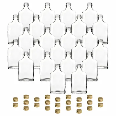 Produktbild von gouveo 24er Set Glasflaschen 40 ml Flachmann mit Schraubverschluss goldfarben - Mini Flasche 0,04 l zum Befüllen - Glasfläschchen für Likör, Whisky, Schnaps oder zum Basteln