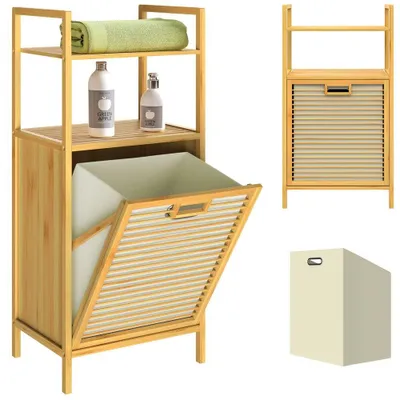 Produktbild von Bambusregal mit Wäschekorb DORIS, 40x30x95 cm, braun/cremefarben