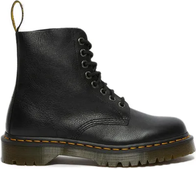 A black Dr. Martens boot is shown against a white background.