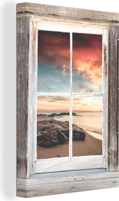 Produktbild von OneMillionCanvasses® - Leinwandbilder - 90x140 cm, Durchblick - Holz - Strand, - Geöffnetes Fenster - Fensterblick Schlafzimmer Kunstdruck Wanddekoration - Foto auf Leinwand - Gemälde auf Holzrahmen - Wandschmucke - Schlafzimmer