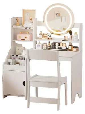 Productafbeelding van Make-up Tafel - Kaptafel - Schminktafel - Vanity Set - Opmaaktafel - MDF en Hout - Met Spiegel en Krukje