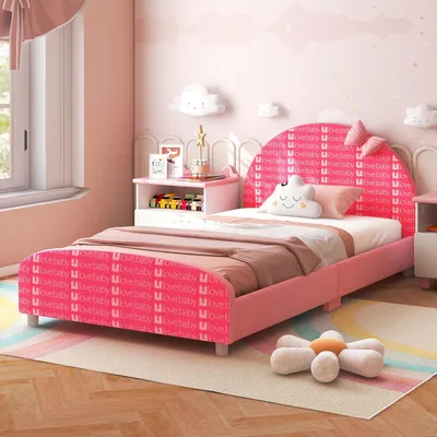 Obrázek produktu pro Dětská postel COSTWAY 140x70 cm s lamelovým roštem, měkké čelo a nohy, rám postele do 8 let, nosnost 150 kg, růžová barva