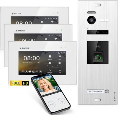 Produktbild von HD Video Türsprechanlage mit Fingerprint RFID und Smartphone App für 1 Familienhaus, 3x Monitore, Balter EVO HD Fingerprint