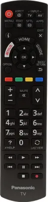 A black Panasonic TV remote control is shown against a white background.
