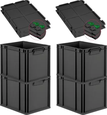 Produktbild von SuperSparSet 4x Eurobox NextGen Grip mit Scharnierdeckel und grünen Schiebeschnappverschlüssen | HxBxT 32x30x40cm | 30 Liter | Schwarz | Griffe geschlossen | Eurobehälter, Transportbox, Transportbehälter, Stapelbehälter