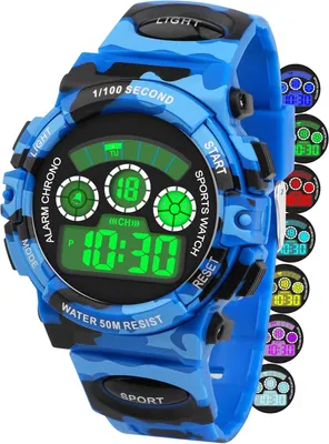 Imagen del producto de Reloj de pulsera LED para niños, con 7 colores, alarma, cronómetro, fecha, resistente al agua hasta 5 ATM, ideal para actividades deportivas al aire libre