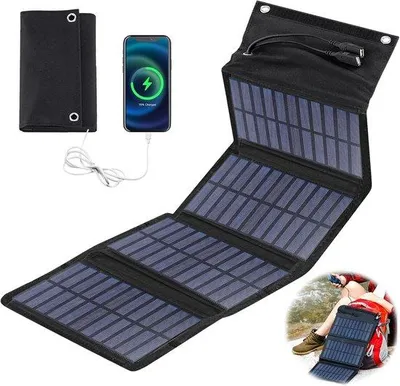 Obrázek produktu pro Lehká skládací solární nabíječka, 10 W, přenosná solární nabíječka pro outdoorové aktivity, 5 V, 2 USB porty, vodotěsná, kempingová nabíječka pro mobilní telefony, solární powerbanka