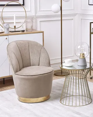 Zdjęcie produktu dla BELIANI Fotel jasnobeżowy welurowy złota metalowa podstawa okrągły klubowy do salonu sypialni w stylu retro glamour