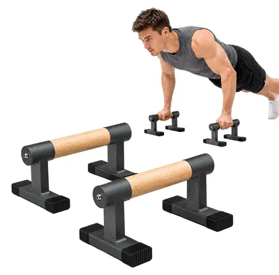 Imagen del producto de Relaxdays, barras para flexiones, madera de haya y acero, hasta 120 kg, calistenia, altura x longitud: 18,5 x 33 cm, paralelas, color negro y natural, Imagen generada por IA