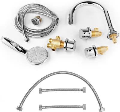 A collection of bathroom faucet and shower components laid out on a white background.