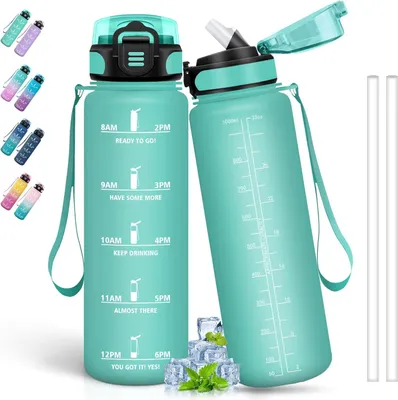 Productafbeelding van Famanu drinkfles, 1 liter - Lekvrij, met rietje en hydratatieplanning - Ideaal voor sport, fietsen, yoga, kamperen en wandelen