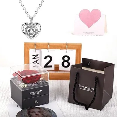 Produktbild von Echte Rose mit Halskette und Ohrringen, handgemacht, Geschenkbox, Valentinstag