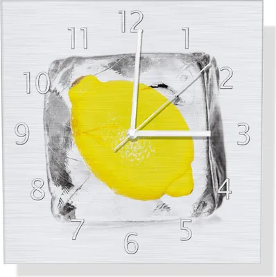 Produktbild von Wallario Design Wanduhr Zitrone in Eiswürfel - Eiskaltes Obst aus Aluverbund, Größe 30 x 30 cm