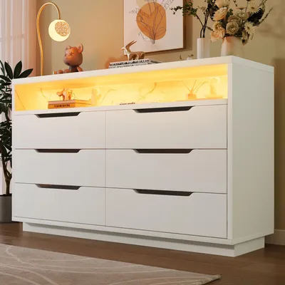 Image de OKWISH Buffet Moderne avec Éclairage LED et Effet Marbre - 6 Tiroirs Spacieux pour Salon et Chambre - MDF - Blanc - 120x40x85 cm