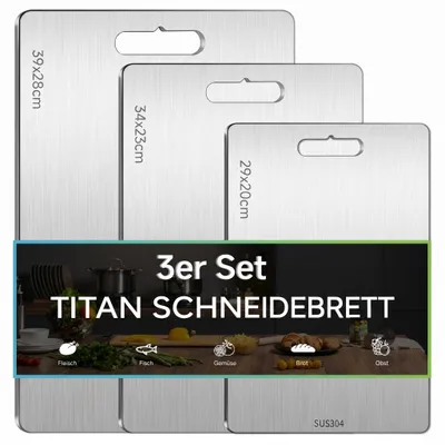 Productafbeelding van 3-delig snijplankenset van titanium, roestvrij staal, BPA-vrij, vaatwasserbestendig (29x20cm, 34x23cm, 39x28cm)