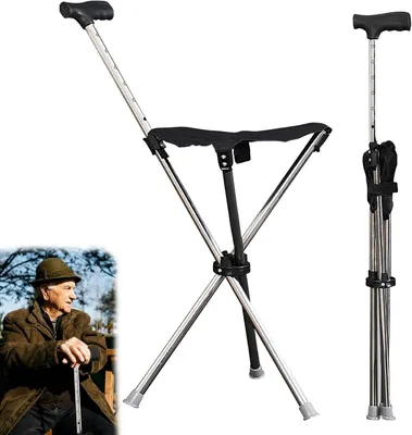 Zdjęcie produktu dla Laska z siedziskiem - Krzesło-laska - Możliwość odpoczynku w drodze - Składana i regulowana - Wysokość 80-90 cm - Kolor: czarny
