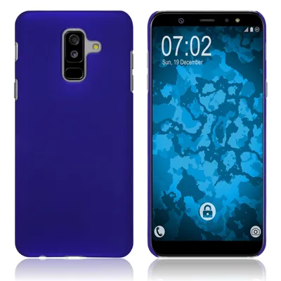 A product shot of a blue phone case and a smartphone with a blue camouflage wallpaper.
