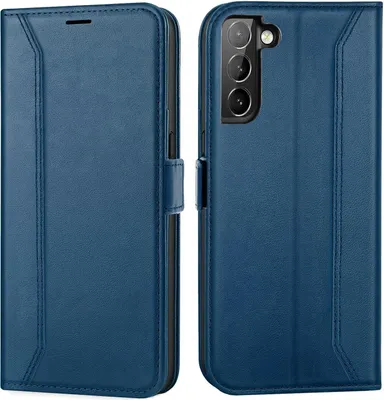 A blue flip case for a Samsung Galaxy S21 FE phone is shown from two angles, open and closed.