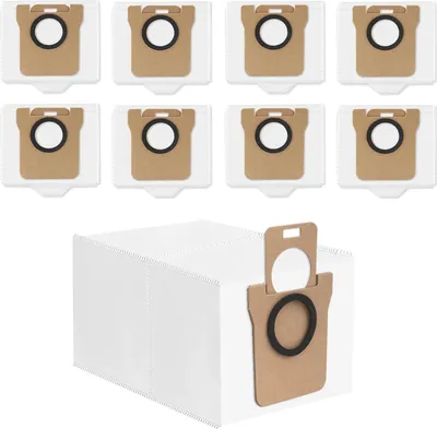A set of vacuum cleaner dust bags, with eight individual bags arranged in two rows at the top and one larger bag at the bottom.