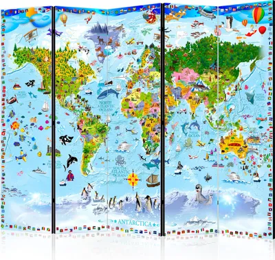 Produktbild von 5-teiliger Doppelseitiger Vlies Paravent - World Map for Kids II 225x172 cm Karten e-A-0102-z-c