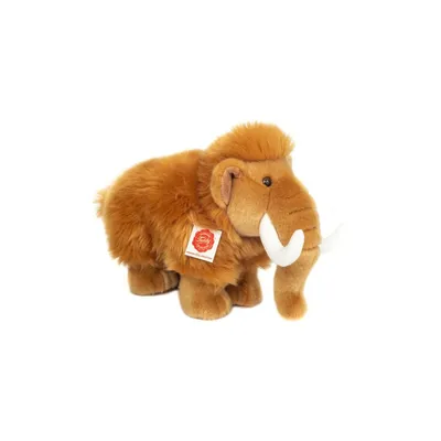A plush toy mammoth is shown from the side against a white background.