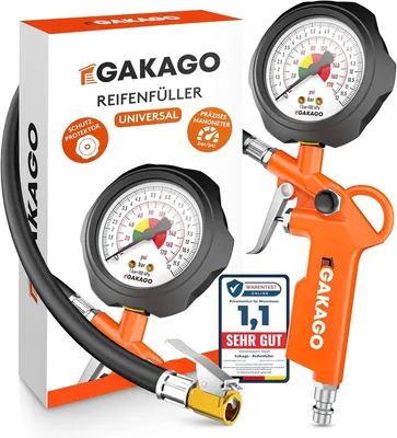 Obrázok produktu pre Gakago hustilka pneumatík Presná hustilka pneumatík s vysokokvalitným tlakomerom 0-12 barov Extra dlhá 45 cm hadica na hustenie pneumatík Univerzálny tlakomer na hustenie pneumatík pre osobné automobily nákladné vozidlá bicykle