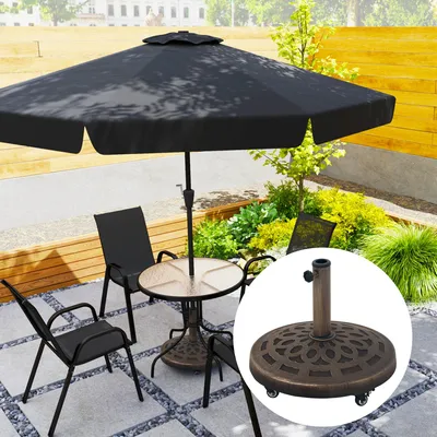 Produktbild von Sonnenschirmständer Beton 21 kg, Schirmständer auf Rollen mit Bremsen, Harz-Beton Basis, Bronze | 48x48x42 cm | Ø32/38/48 mm | 4 Rollen