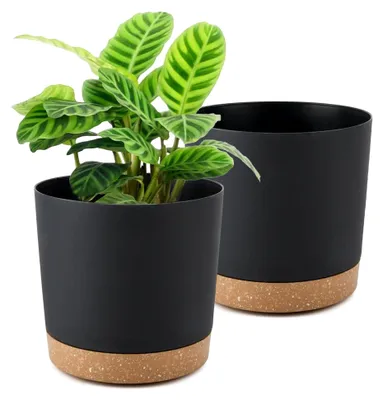 Produktbild von Blumentopf mit Untersetzer, 2er-Set, Kunststoff, 20 cm Durchmesser, mit Abflusslöchern, rund, für Innen- und Außenpflanzen - Schwarz