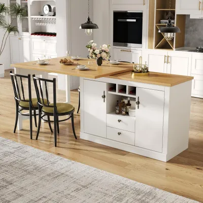 Obrázok produktu pre Predlžiteľný barový stôl v bielej farbe s 360° otočnou funkciou a úložným priestorom, výsuvný od 120 do 180 cm, vhodný do obývačky, jedálne a pracovne