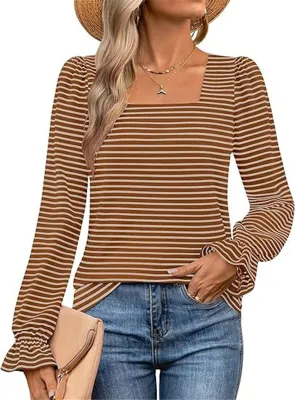 Produktbild von ASKSA Damen Langarm T-Shirt Gestreifte Quadratischer Ausschnitt Puffaermel Herbst Elegant Casual Tunika Oberteile (Braun,XL)