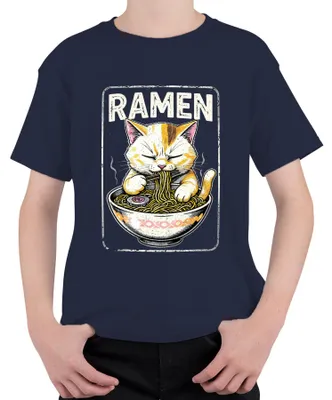 Produktbild von RAMEN Katze Nudel Japanisch Kawaii Lustig Essen Geschenk Retro Uni Kinder T-Shirt, Navy, 128