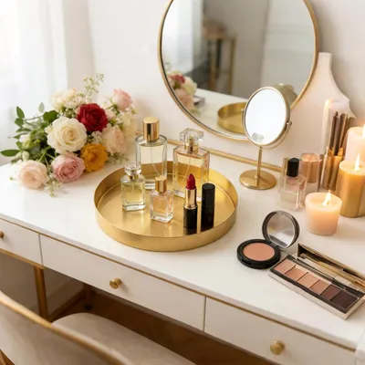 Produktbild von Rundes Dekotablett aus Edelstahl in Gold für Kosmetik und Tischdekoration (Ø 20 cm)