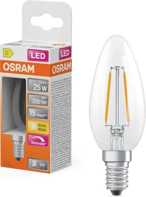 Produktbild von Osram LED Filament C35 Kerze 1,8W = 25W E14 klar 250lm warmweiß 2700K DIMMBAR