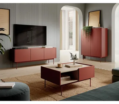 Produktbild von Wohnzimmer Set mit Couchtisch & Lowboard in Keramik Rot, griffloses Design - CHEYENNE-160