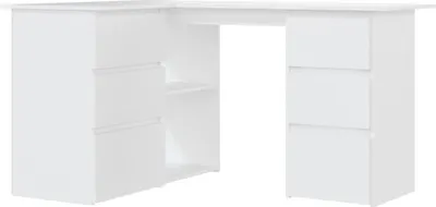 A white corner desk with drawers and shelves against a white background.