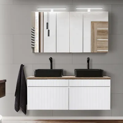 Produktbild von Badmöbel Set mit Doppelwaschtisch 120 cm in weiß matt mit Vintage Eiche Nb. IRAKLIO-56 Keramik Waschbecken schwarz und LED Spiegelschränke, B/H/T: ca. 120,4/200/46 cm