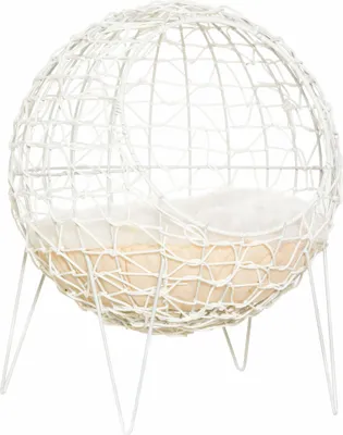 Produktbild von Pawhut Rattan Katzenkorb Katzenhöhle Katzenhütte Katzenbett mit Kissen erhöhtes Design Haustierbett Cremeweiß Ø45 x 57H cm