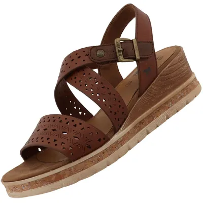 Auf dem Bild ist eine braune Sandale von der Seite abgebildet. Die Sandale zeigt ein sportliches Design mit mehreren Riemen und einer gepolsterten Sohle.