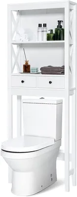 Produktbild von GOPLUS 2-stöckiger Toilettenschrank, Toilettenregal mit Ablagen und Schubladen, Badezimmerschrank für Toiletten und Waschmaschine, Weiß