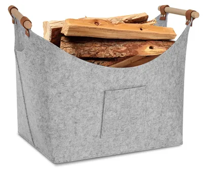 Produktbild von Eikuavons Holzkorb für Kaminholz, faltbarer Filzkorb Hellgrau, 57 L, 5mm Materialstärke, Holzgriffe und 2 Seitentaschen
