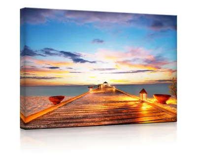 Produktbild von lightbox multicolor | LED Leinwandbild | Holzsteg im Sonnenuntergang auf den Malediven | 60x40 cm | fully lighted