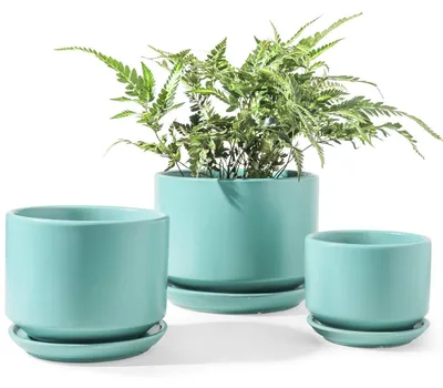 Image de Lot de 3 pots de fleurs en céramique Aqua, de 11, 13 et 17 cm, avec soucoupe et trou de drainage