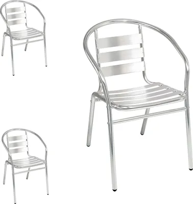 Three aluminum bistro chairs are shown against a white background. Two chairs are on the left side of the image, and one larger chair is on the right.