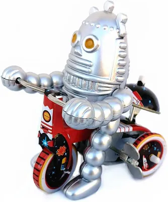 Productafbeelding van Mini tin speelgoed robot driewieler clockwork - Zilveren - Wind Up Lopende Ringer Robot met Sleutel Grappig