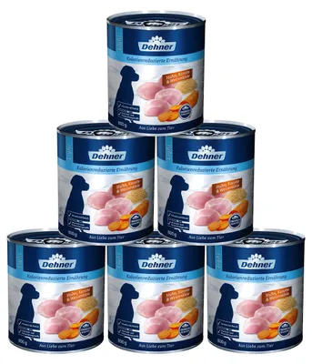 Produktbild von Dehner Premium Hundefutter Light, Nassfutter fettreduziert, für übergewichtige Hunde, Huhn / Karotte, 6 x 800 g Dose (4.8 kg)