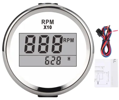 Obrázok produktu pre Otáčkomer 0–9990 ot./min, vodotesný (IP67), červené podsvietenie, LCD displej 52 mm/2 palce, 9–32 V, biely ciferník, strieborný kryt