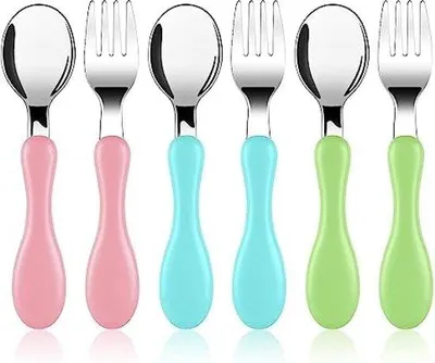 Produktbild von Kinderbesteck aus Edelstahl, 6-teilig, für Säuglinge, leicht zu haltend, Edelstahl für Babys, ideales erstes Besteck
