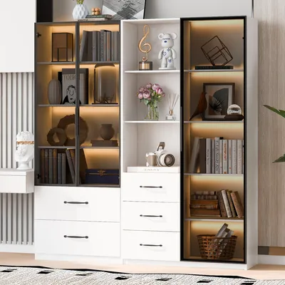 Produktbild von Merax Glasvitrine mit Glastür, Regale, Schubladen, Hochschrank, Stehend Vitrinenschrank für Wohnzimmer Schlafzimmer, 140x40x160cm, Weiß